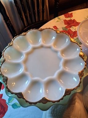 Elegant White and Gold Milk Glass Egg Platter Vintage- Home Dining